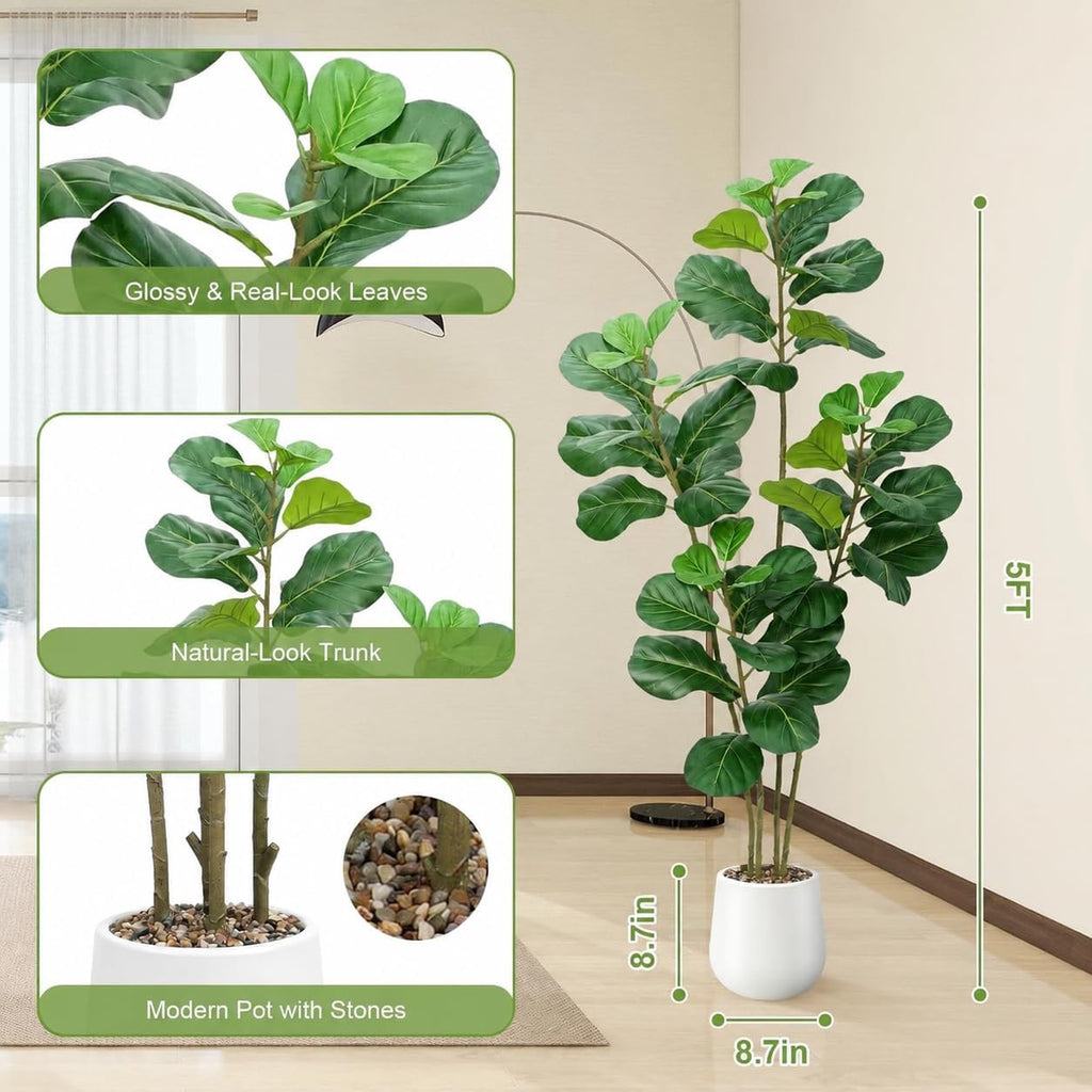 Faux Fiddle Leaf Fig Tree 5ft with White Planter 4 Trunk Fake Plants in Pot