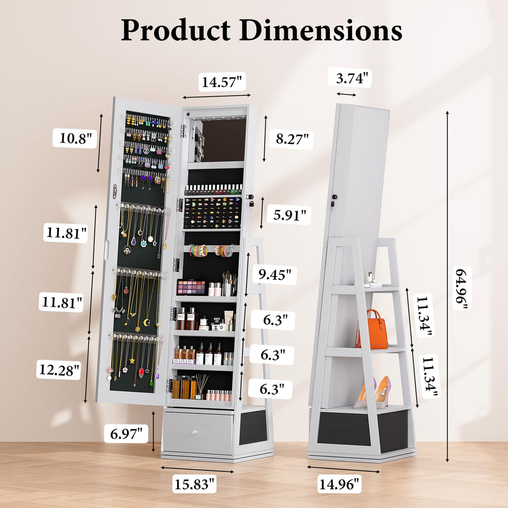 Rotatable 6 LEDs Jewelry Armoire With Drawer, White