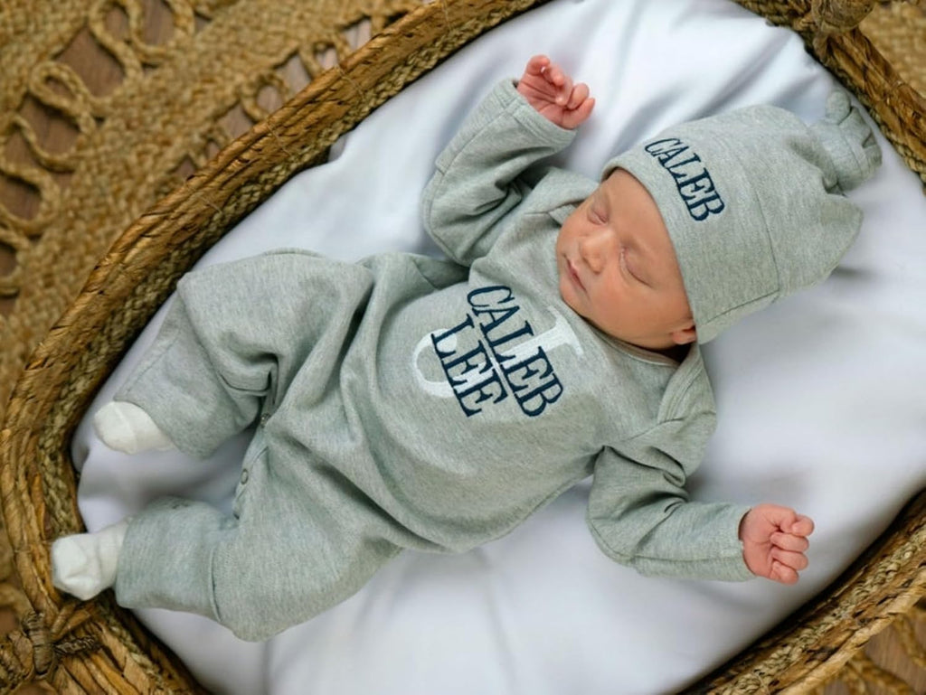 Organic Cotton Newborn Boy Coming Home Outfit Set Hypoallergenic Hospital Photo Ensemble With Embroidered Hat Baby
