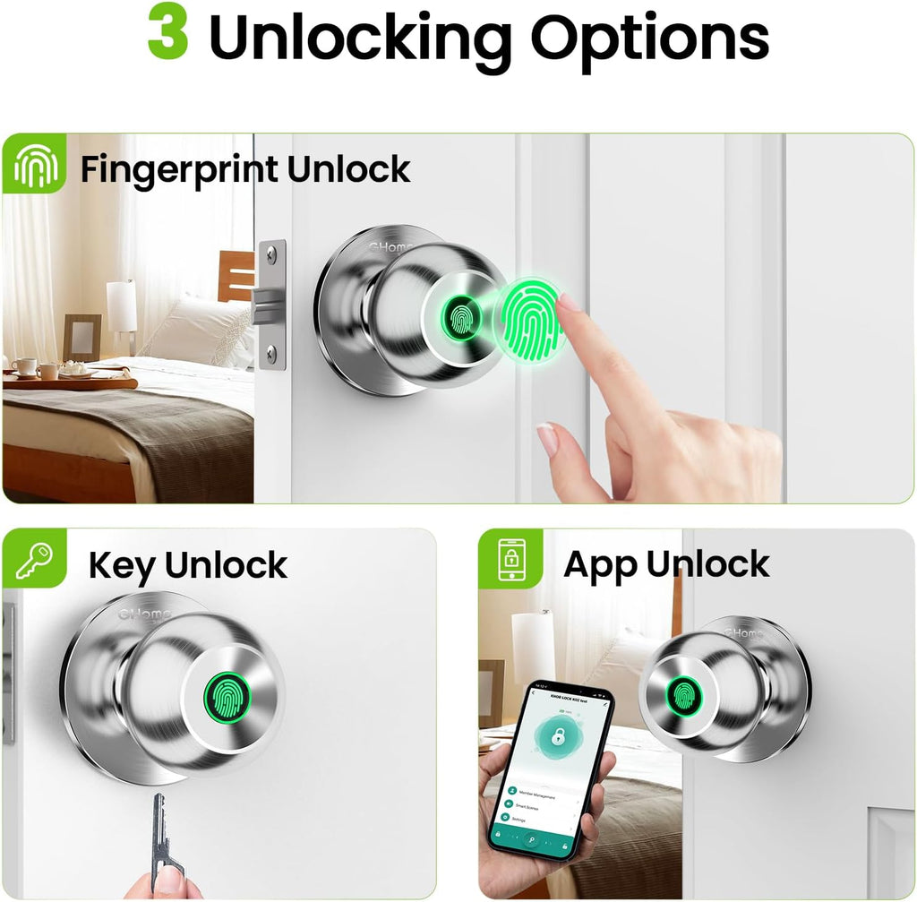 Fingerprint Door Lock, 3 in 1 Smart Fingerprint Door Knob with App Control & Key, Auto Lock, Biometric Door Knobs