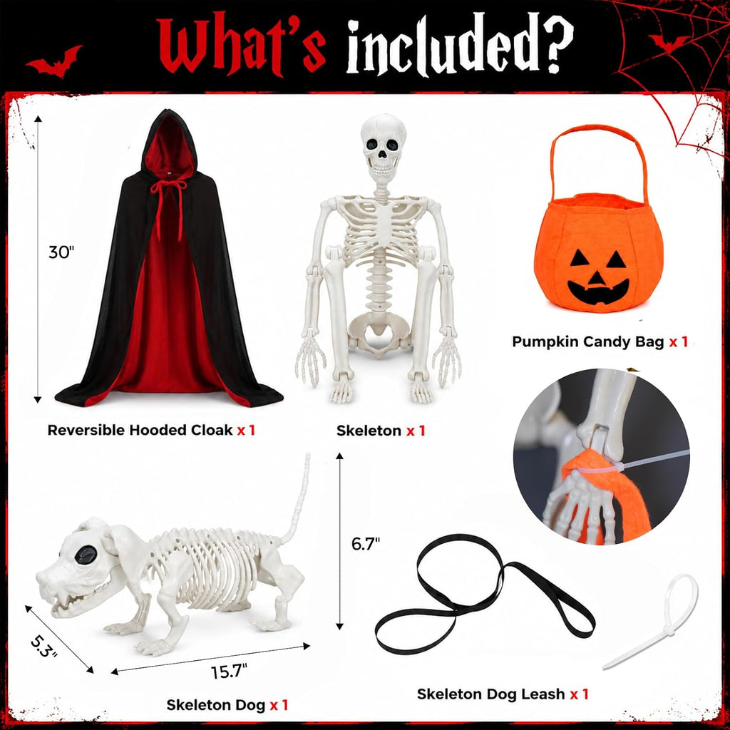 36'' Halloween Skeleton Decoration with Skeleton Dog, Cape and Pumpkin Bag