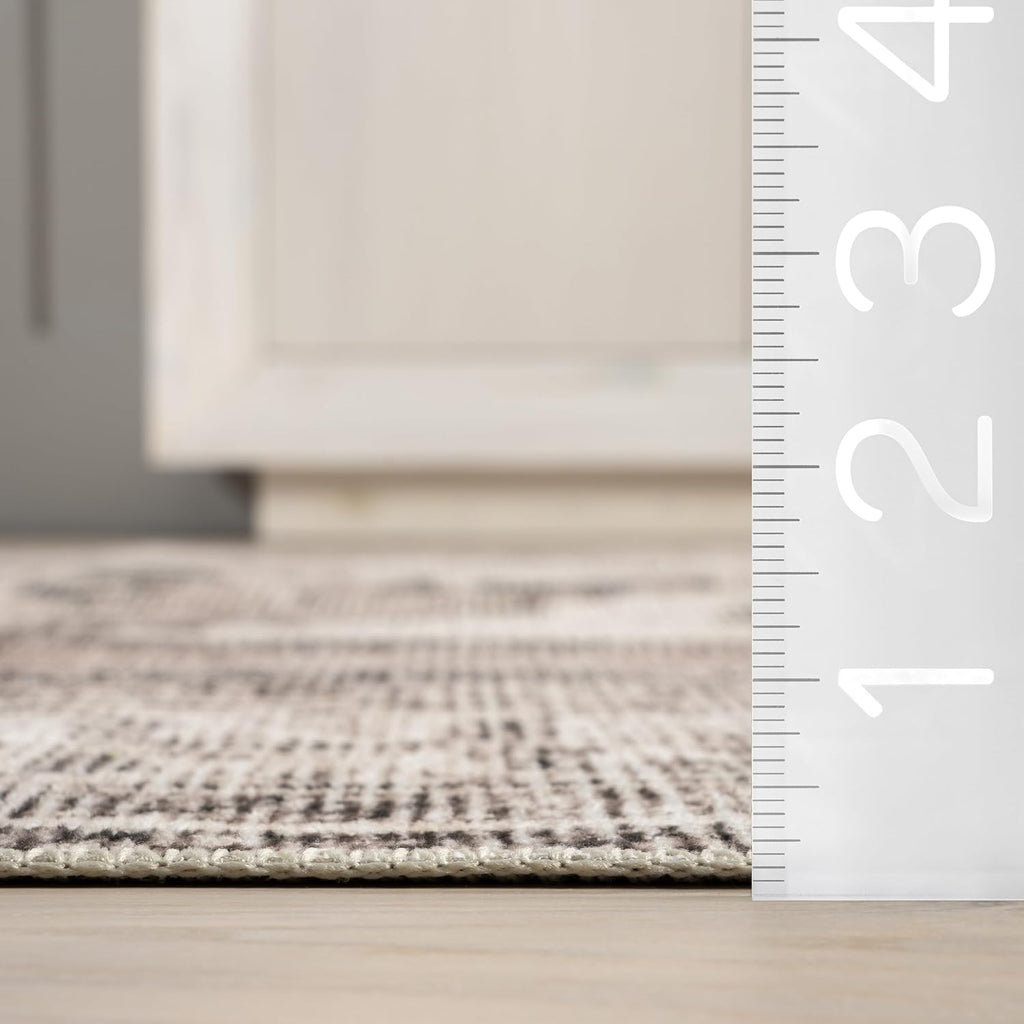 Gladys Machine Washable Vintage Medallion Ultra Thin Area Rug, Light Grey