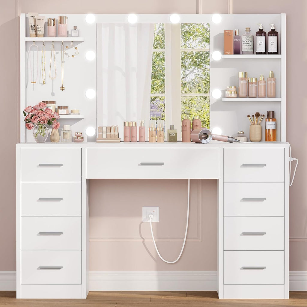 Vanity Desk with Mirror and Lights, Makeup Vanity with 9 Drawers, 4 Shelves & 5 Jewel Hooks, White Vanity with Outlet