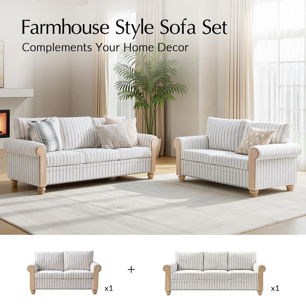 81" Farmhouse Couch with Stripe Pattern, 3 Seater Sofa with Solid Wood Legs and Rolled Wide Armrests, Comfy