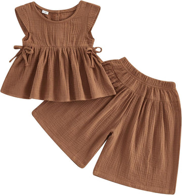 Baby Girl Summer Clothes Outfit Cotton Linen Sleeveless Ruffle Shirt and Wide Leg Pants Toddler Girls Clothes Set