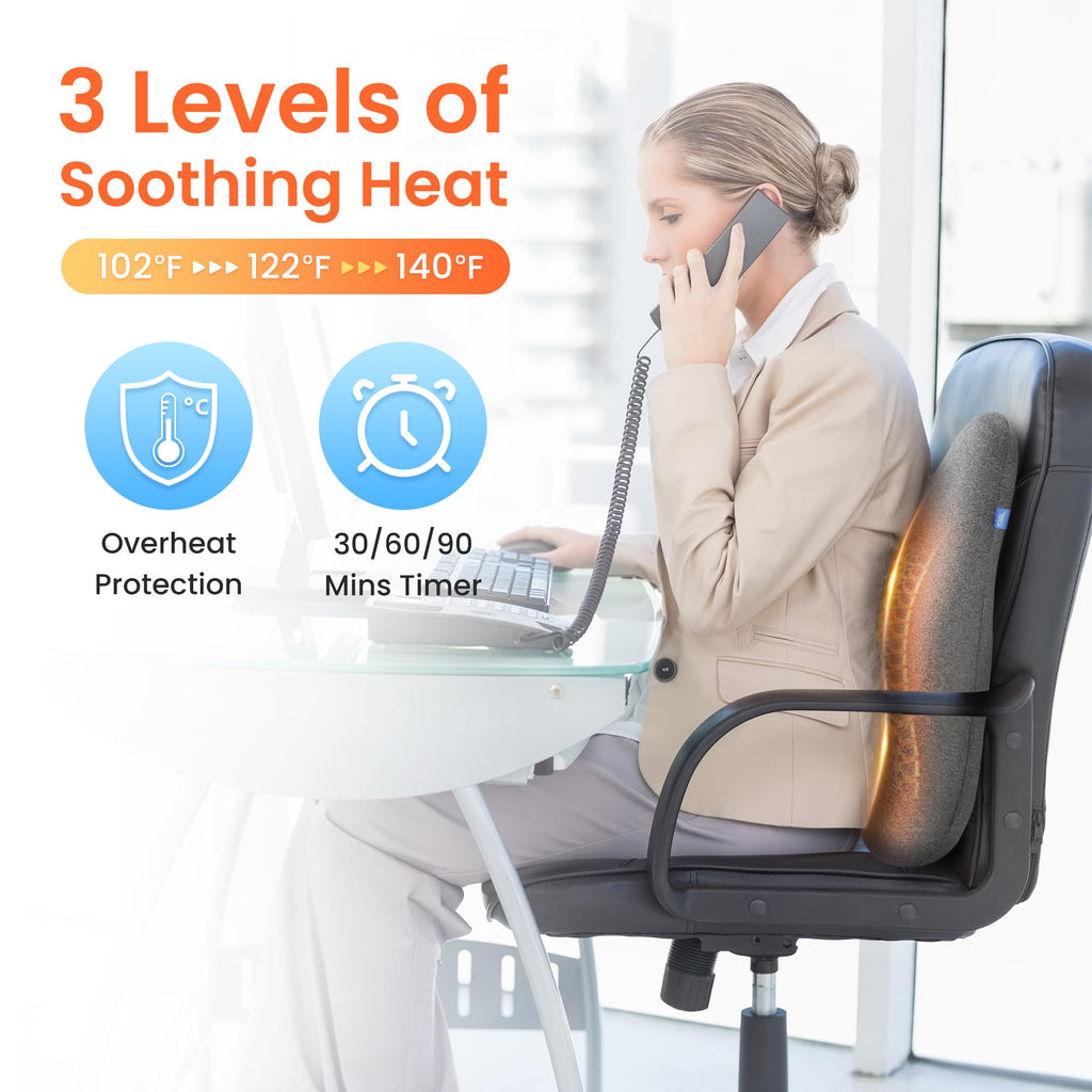 Heated Lumbar Support Pillow Chair, Ergonomic Back Support Cushion with Vibration, Memory Foam Chair Back