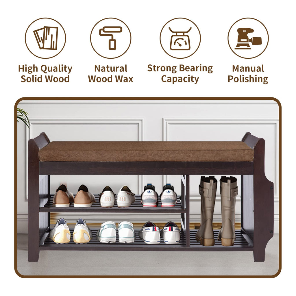 Entryway Shoe Bench with Bamboo Seat, 2-Tier Shoe Bench with Removable Brown Cushion and Umbrella Holder -L