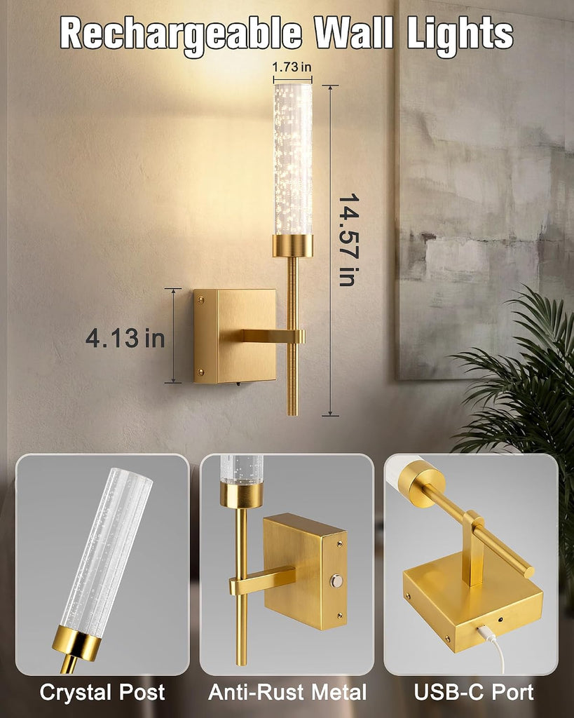 Crystal-Inspired Bubble Wireless Wall Sconces, 10000mAh Battery Operated Wall Sconces Set of 2, 3 Color Temps
