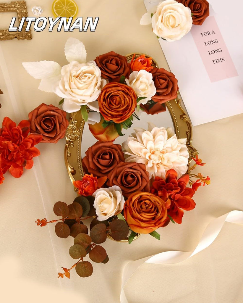Artificial Flower Box Set Silk Flowers Rose Faux Flowers with Stems for DIY Bridal Wedding Bouquets Centerpieces