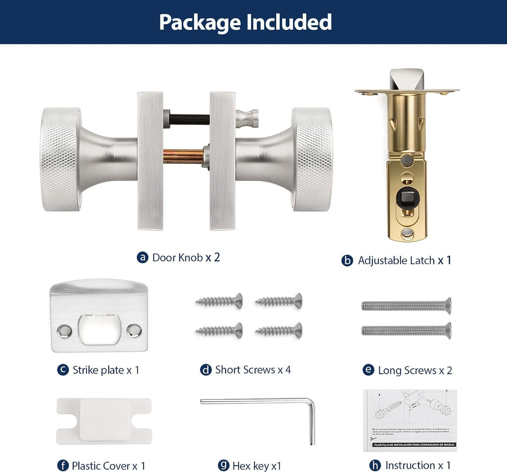 Brushed Nickel Privacy Door Knobs Interior, Zinc Alloy Keyless Stain Nickle Door Knobs with Lock , Knurled Heavy Duty