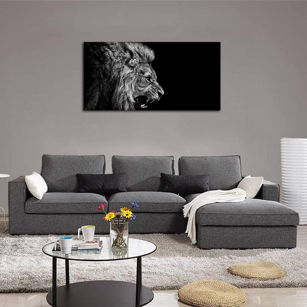 Large Black and White Lion Canvas Wall Art Modern Beast Pictures, 20"x40"