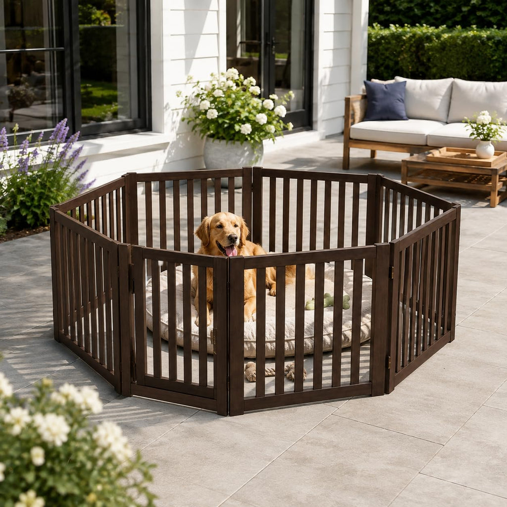 Freestanding Pet Gate 4 Panel Wooden Step Over Dog Gate