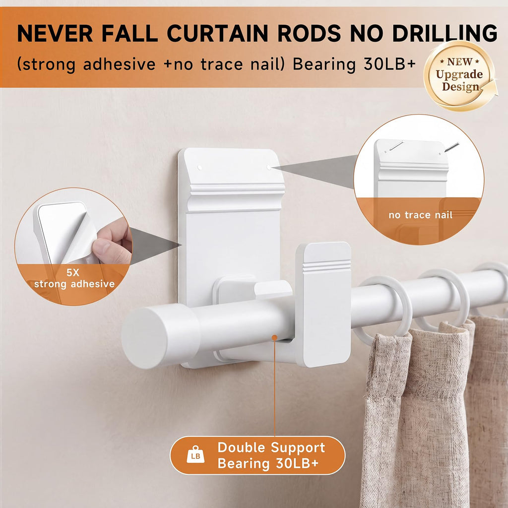 No Drill Curtain Rods for Windows 30 to 45 Inches, Upgrade Dual Support: Adhesive & Invisible Nail 5/8 Inch Curtain