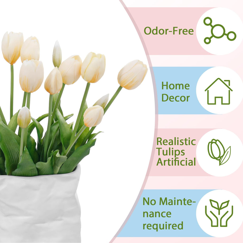 15 Pcs Off White Artificial Tulips Fake Flowers, Premium Latex Lifelike Texture, UV Resistant Waterproof Faux Tulip
