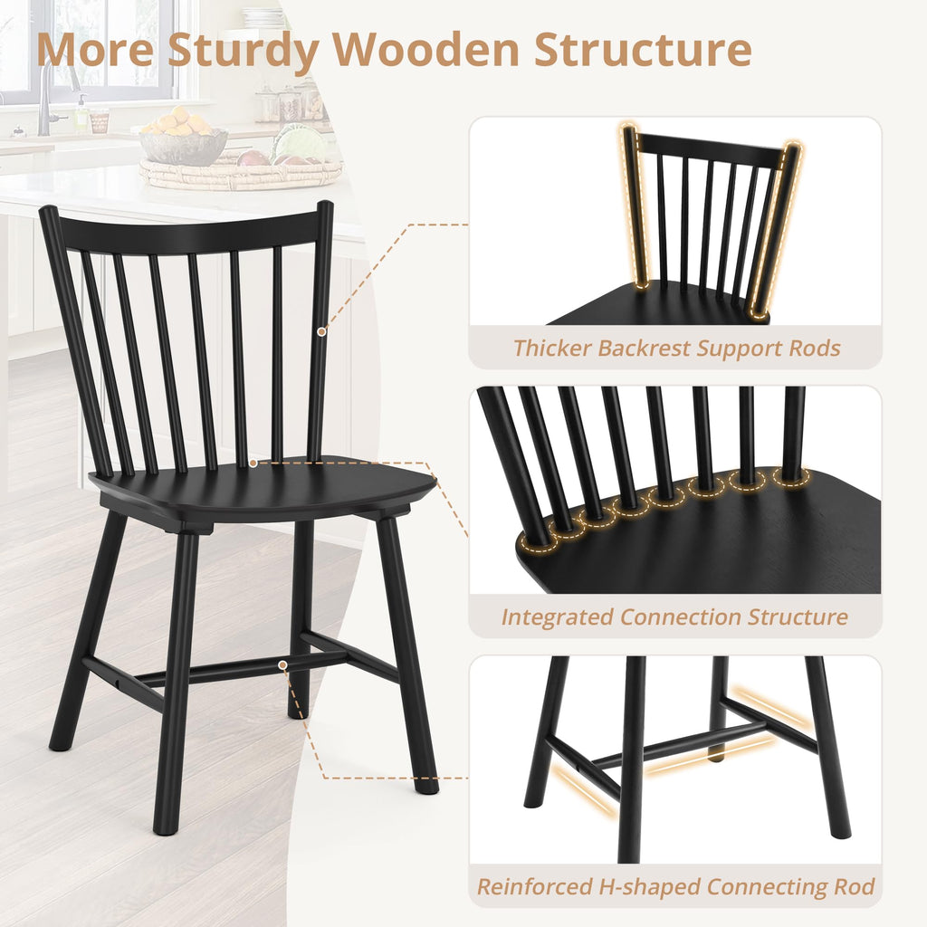 Upgraded Dining Chairs Set of 4, Farmhouse Wooden Spindle Back Kitchen Chairs, Windsor Dining Chairs, Black