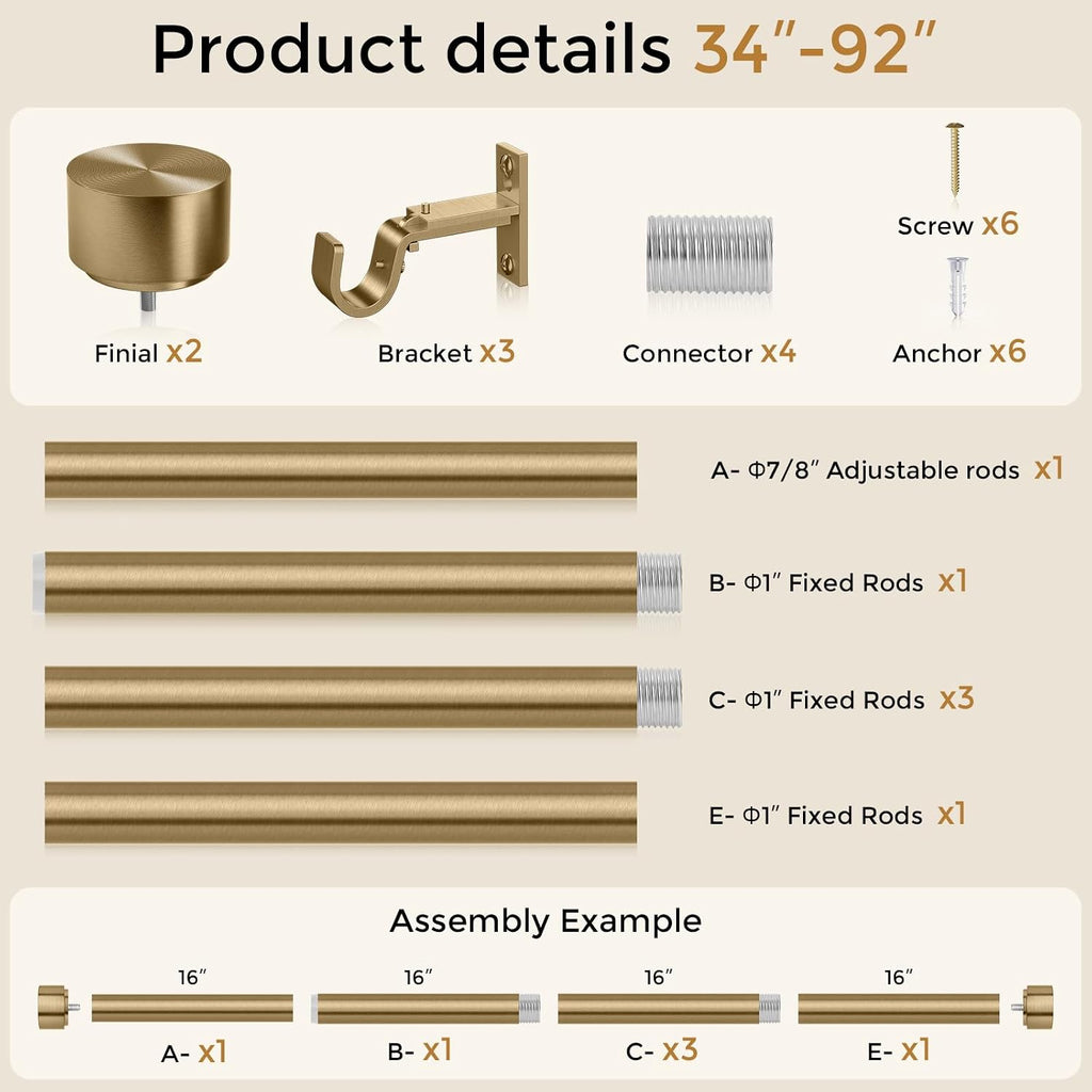 Brass Gold Curtain Rod 34 to 92 Inch, Brushed Warm Gold 1 Inch Adjustable Heavy Duty Curtain Rods for Windows