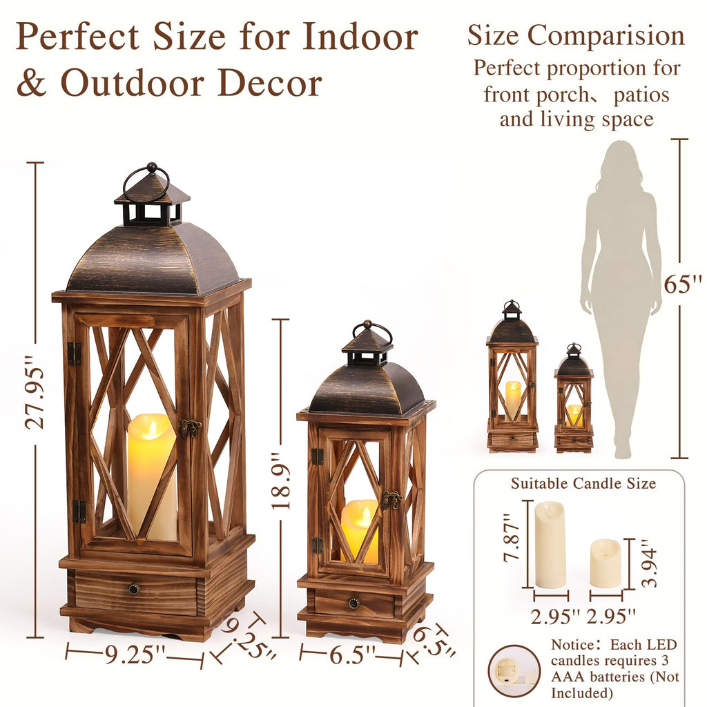 Wooden Candle Lanterns Set of 2, Rustic Farmhouse Indoor Outdoor