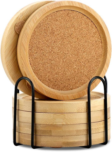 Bamboo Cork Coasters for Drinks Absorbent with Holder, Bamboo Coasters for Drinks Coaster Sets Rustic - Set of 6