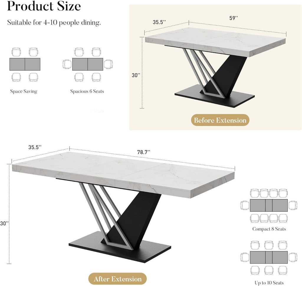 59'' to 78.7'' Extendable Dining Table for 4-8, Faux Marble Expandable Kitchen Table with Sturdy Metal Base