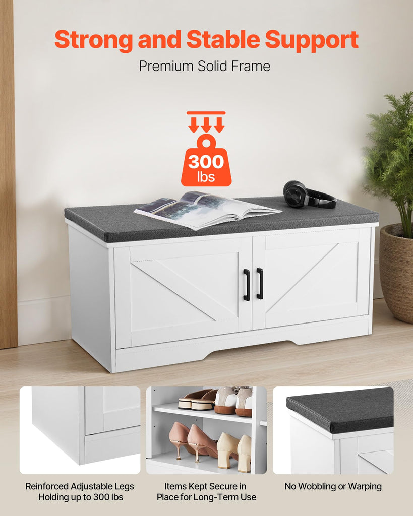 Shoe Storage Bench with Padded Cushion & 2 Barn Doors, Entryway Bench 39.4 x 14.0 x 18.1 Inches