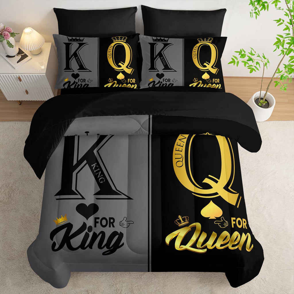 King and Queen Crown Comforter Set Black and Gray Couple Bedding Set，7Pcs Mr Mrs Comforter Set for Adults Couple Men