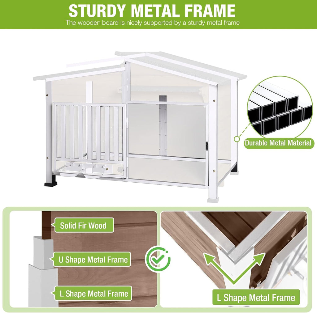 Large Insulated Dog House Outdoor Weatherproof Dog Kennel Shelter with Chew-Proof Full Metal Frame, 360° Rotatable