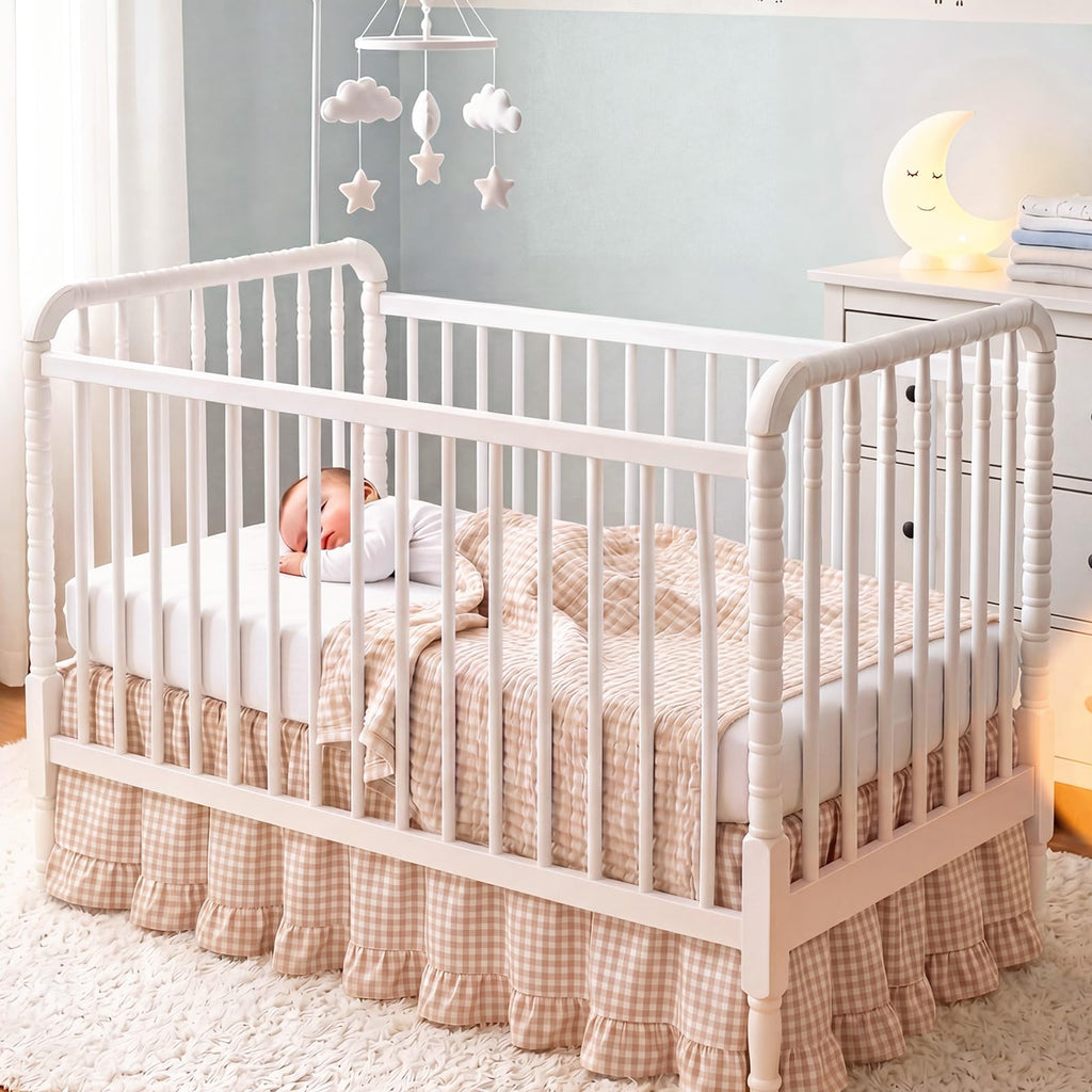 Gingham Crib Skirt Dust Ruffle 52 x 28 Inch 100% Cotton, Beige