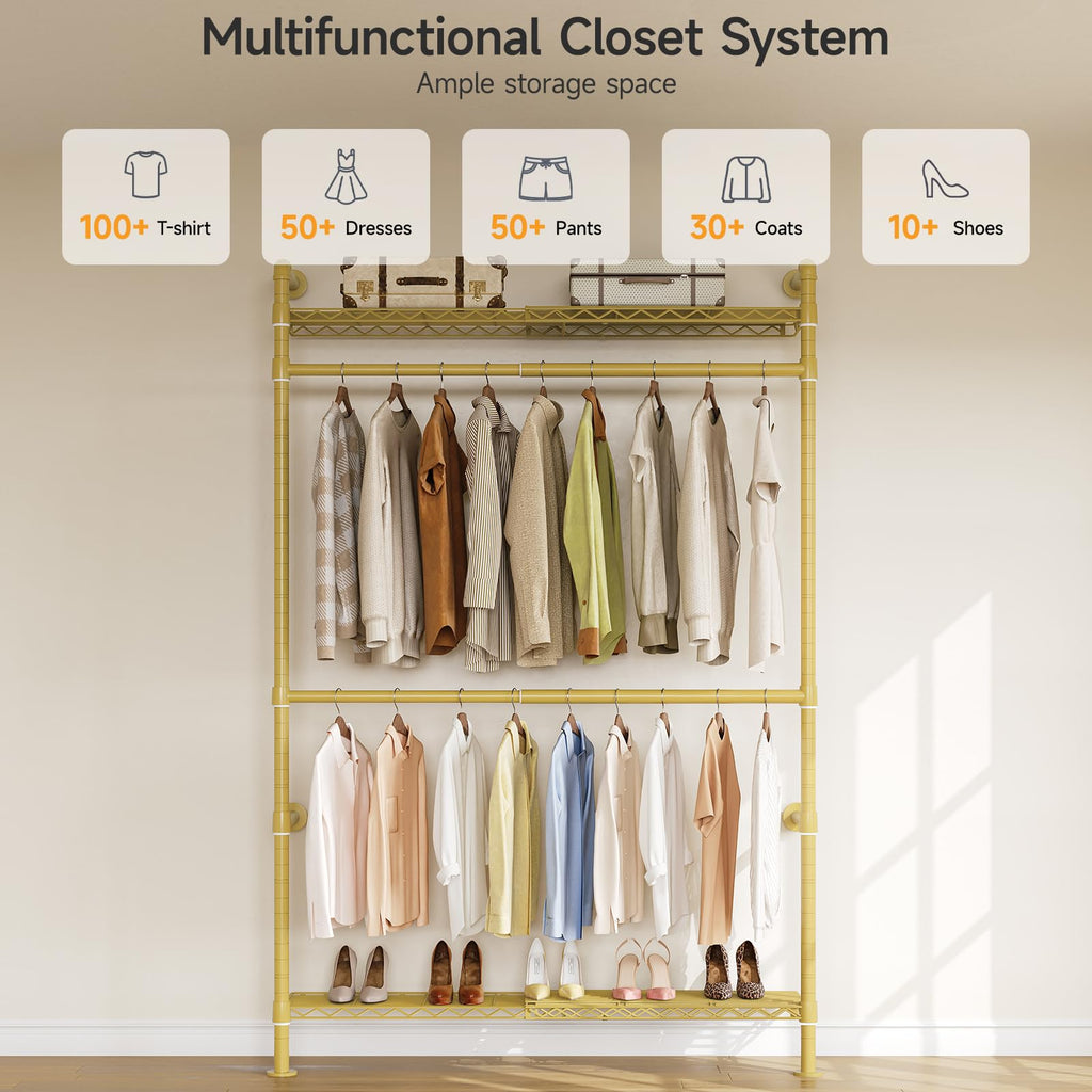 H1 Plus Expandable Wall Mounted Closet System Clothes Rack, Gold