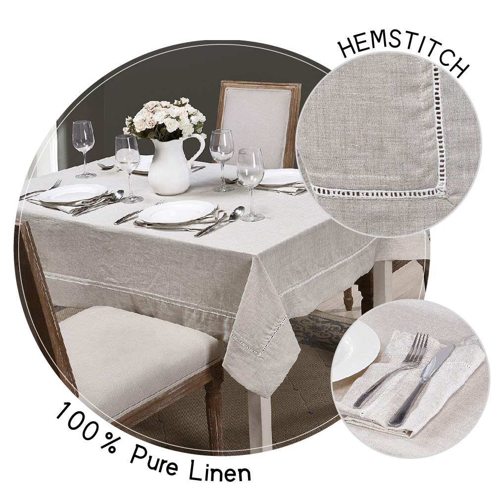 Premium 100% Linen Hemstitch Tablecloth-60 x 120 Inch Natural Linen, Natural Fabric, Rectangular Tablecloth for