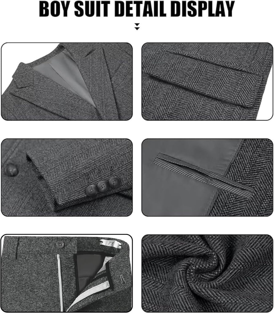 Boy's Suits Tweed Herringbone 5 Piece Tuxedo Wedding Suit for Kids with Tie