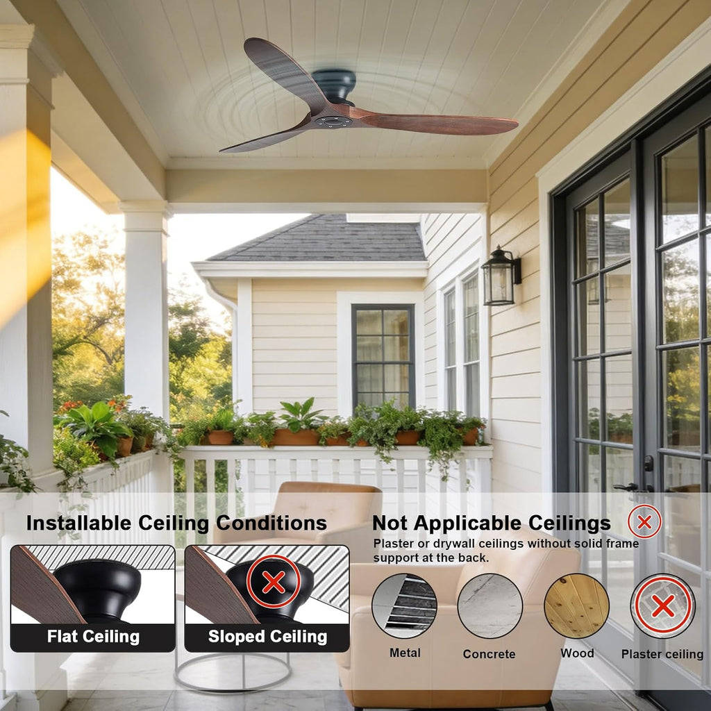 42 Inch Flush Mount Ceiling Fan No Light with Remote, Black and Walnut - Low Profile Modern Wood Blades, 6-Speed Reversible, Quiet A101-B0GGR2K5MM