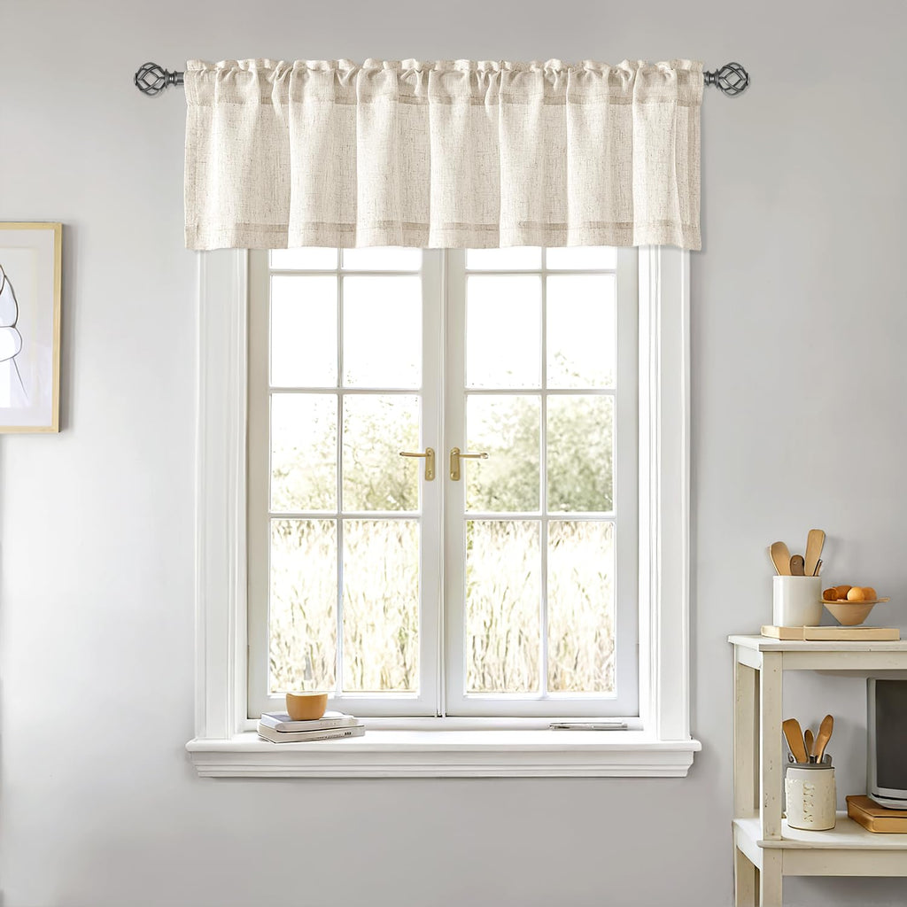 Linen Valance for Windows 2 Panels, Natural Ivory Rod Pocket Light Filtering Semi Sheer Soft Linen Window Treatment