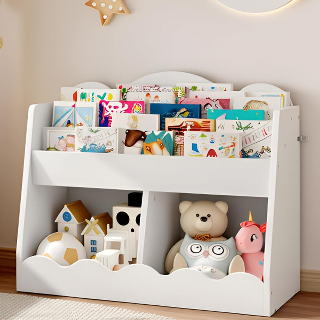 Kids Bookshelf and Toy Storage, Children's Bookcase with 2 Toy Cubes, Toddler Book Shelf for Kids Room, Wooden Book