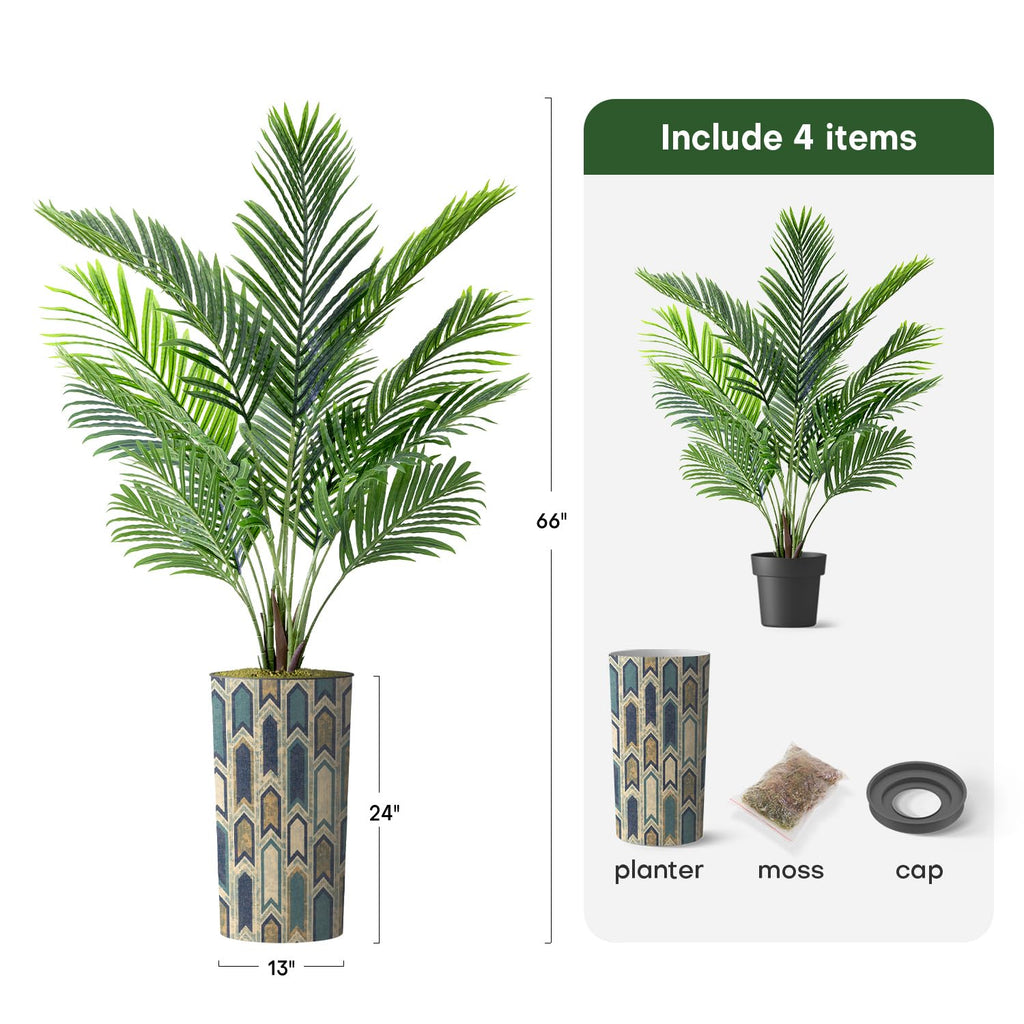 Artificial Tree in Modern Polygon Pattern Effect Planter, Fake Areca Tropical Palm Silk Tree for Indoor and Outdoor