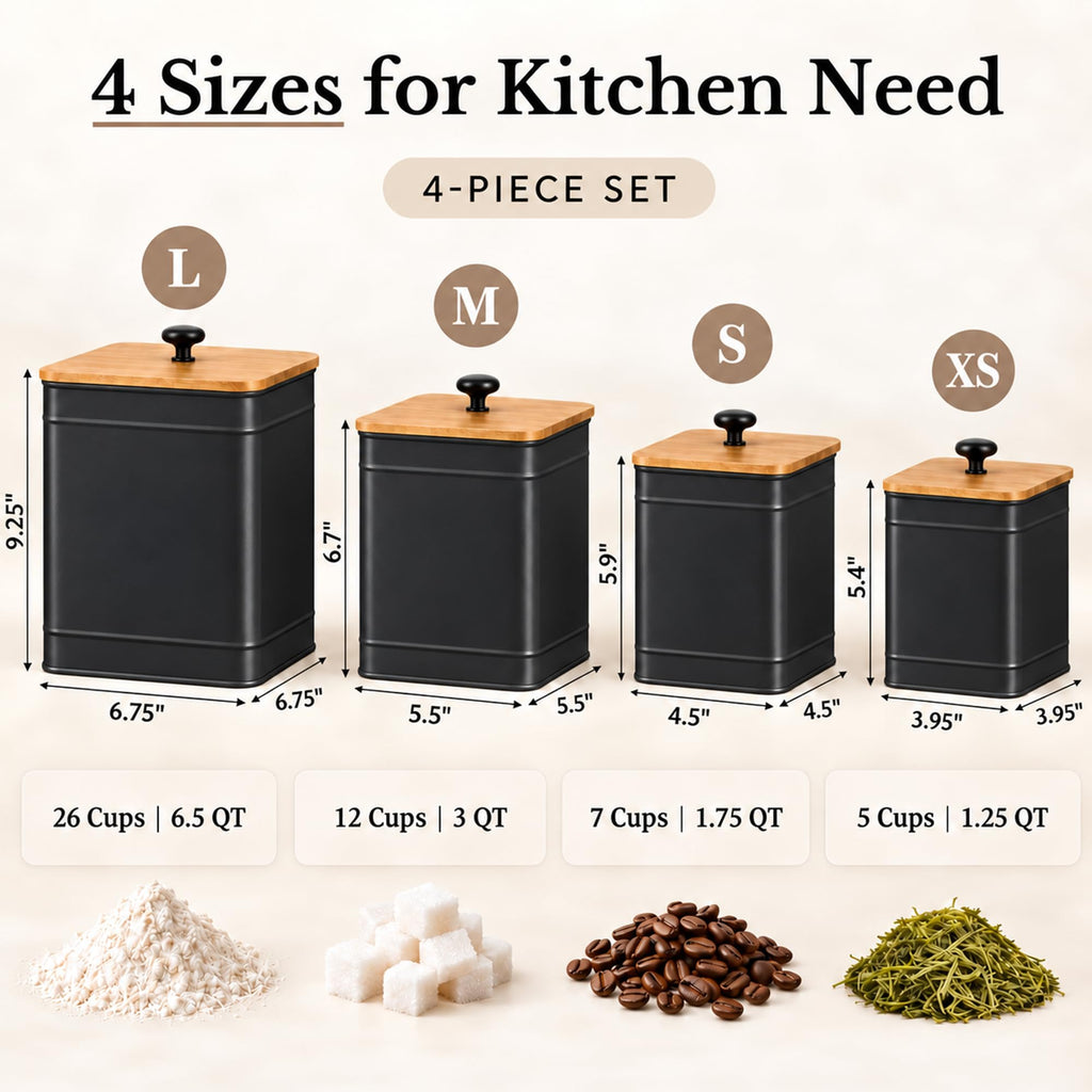 Canister Set Countertop, 4 Airtight Metal Canisters Black