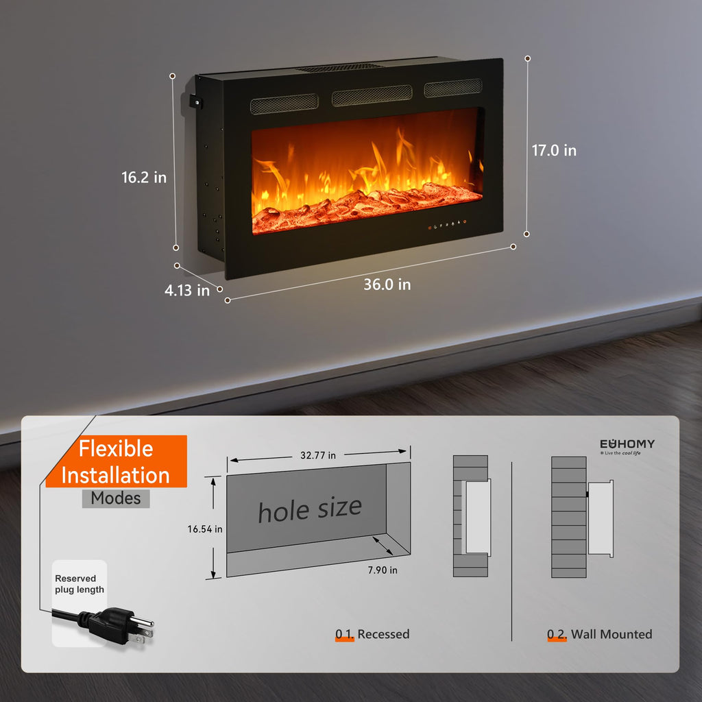 36 Inch Electric Fireplace Recessed and Wall Mounted