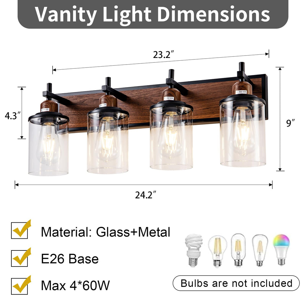 4-Light Farmhouse Bathroom Light Fixtures Vintage Bathroom Vanity Lights Over Mirror Black and Wood Painted Metal
