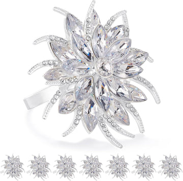 Christmas Flower Napkin Rings, Silver Lotus Elegant Rhinestone Napkin Ring Serviette Buckles Holder - Set of 8