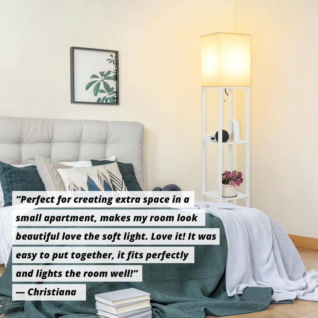 Shelf Floor Lamp with Wireless Charger, USB, Type C, AC Port,White