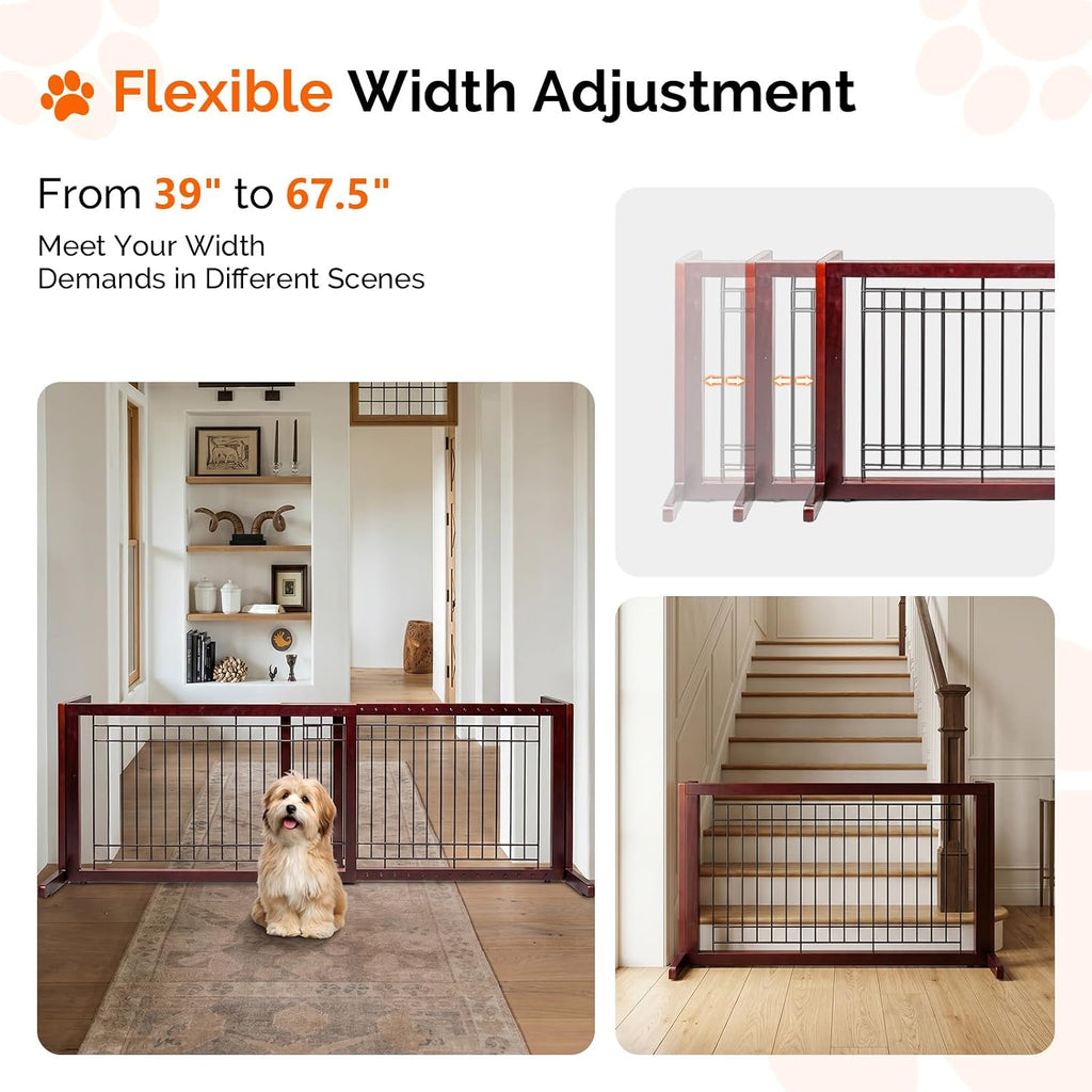 Free Standing Dog Gate, 39" - 68" Wide Pet Gate for Fireplace Stairs Doorways, Wooden Adjustable Pet Fence Indoor