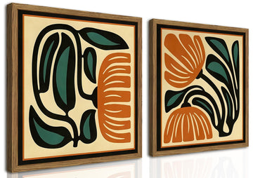 Mid Century Floral Wall Art Set of 2, Modern Square Abstract Botanical Wall Decor Picture, Vintage Boho Eclectic