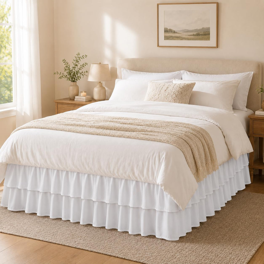 White Full Bed Skirt 14 Inch Drop, Double Layer Dust Ruffle