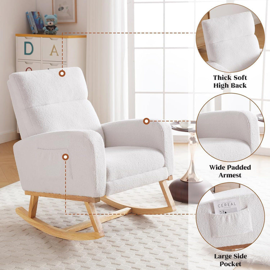 Rocking Chair Nursery with Foot Rest, Nursing Rocking Chairs for Mom Nursery, Teddy Rocker Glider with High Backrest