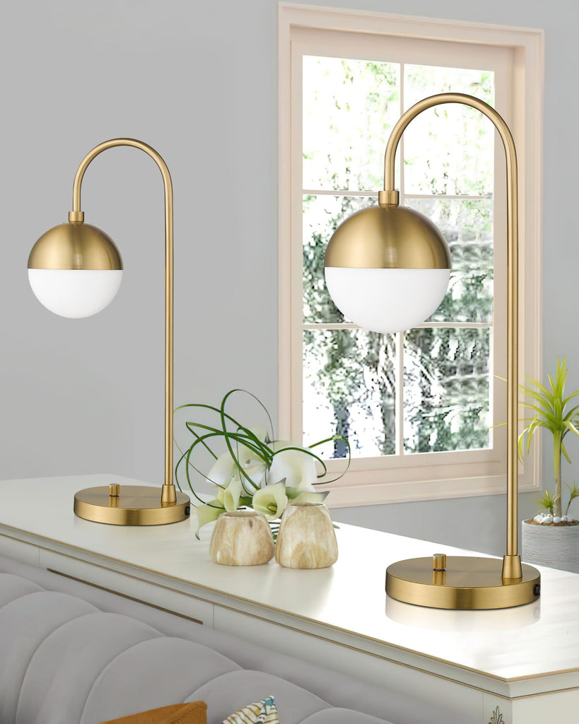 Modern Gold Table Lamp with White Glass Globe, Gold Desk Light Bedside Lamp with Brushed Brass Finished Office