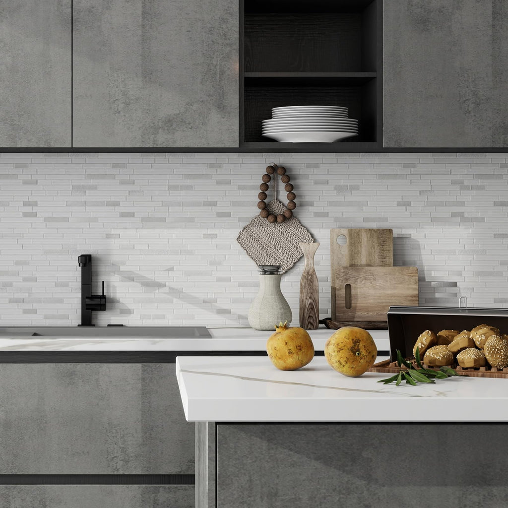 Glossy White Glass Mosaic Subway Tile, Mesh-Mounted, Kitchen & Vanity Wall