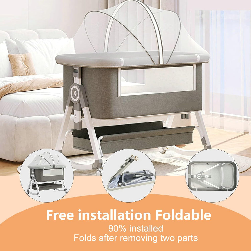 4 in 1 Baby Bassinet, Rocking Bassinets Bedside Sleeper with Comfy Mattress and Wheels, 6 Height Adjustable Easy