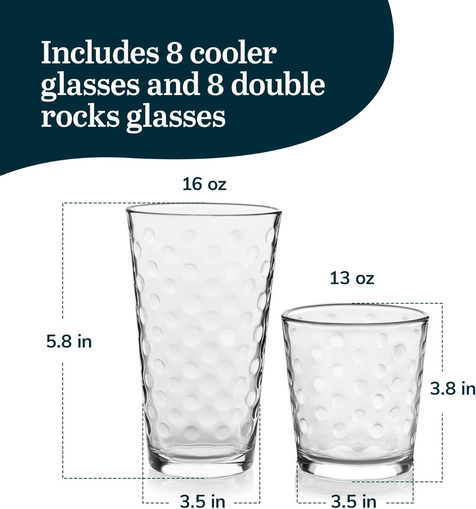 Awa Tumbler and Rock Glasses Drinking Set, Elegant Polka Dot Drinking Glasses Set of 16, All Purpose Glass Cups Set