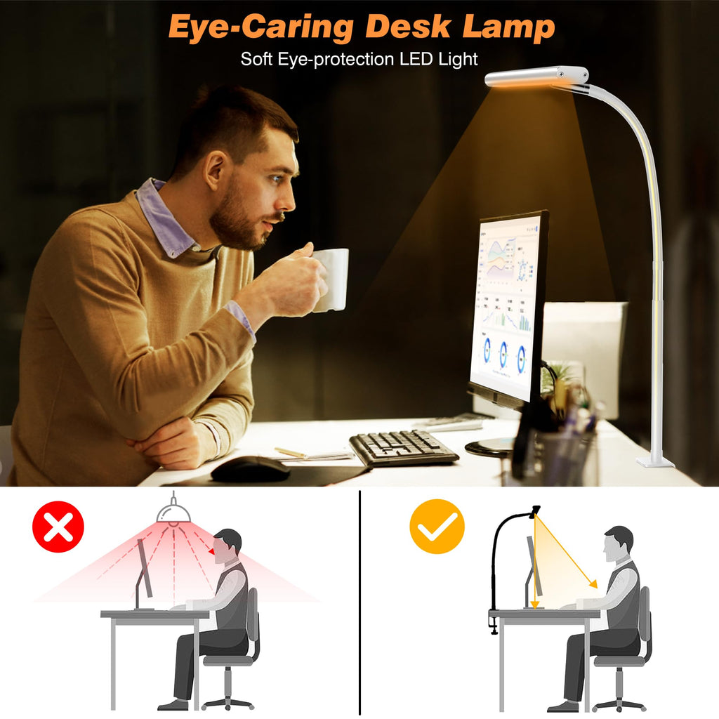 LED Desk Lamp with Clamp, 17" Stepless Dimming Light, White