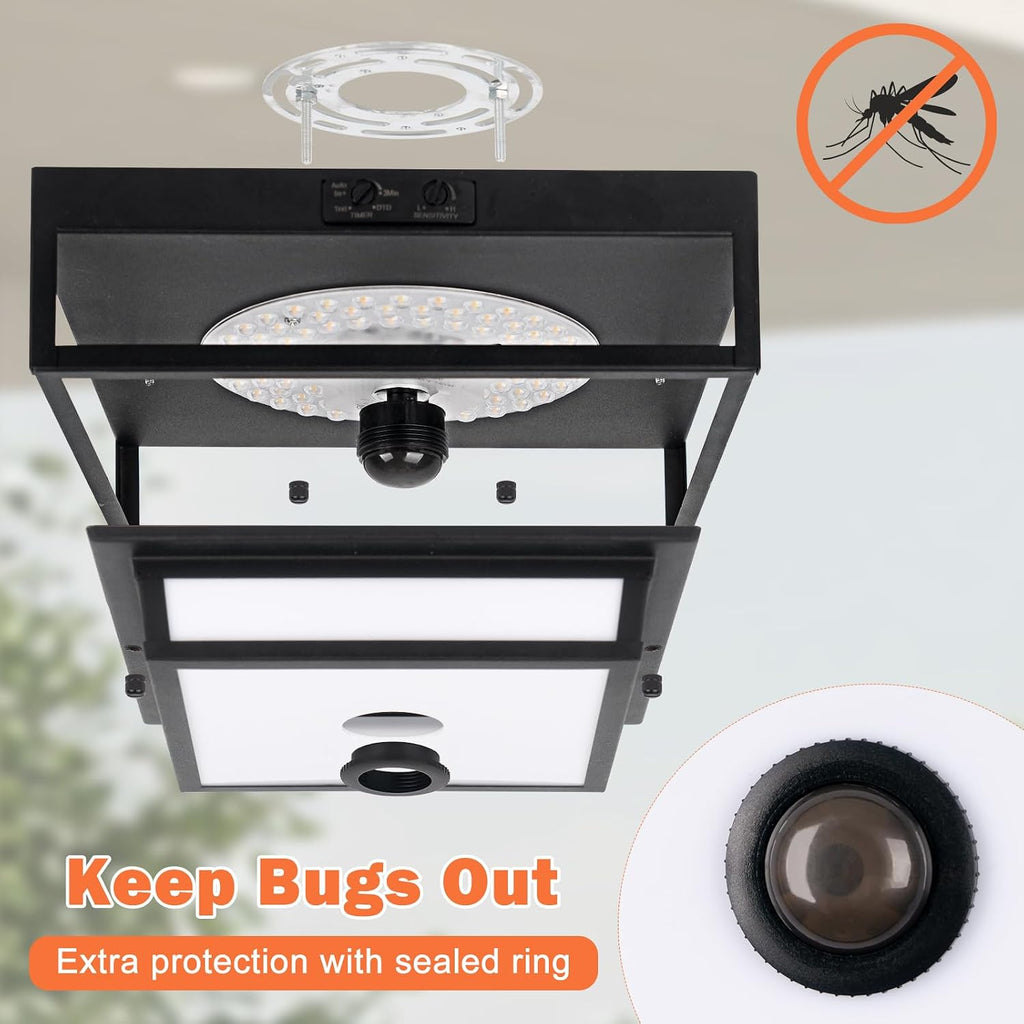LED Motion Sensor Outdoor Ceiling Light, Modern Black Flush Mount Ceiling Light