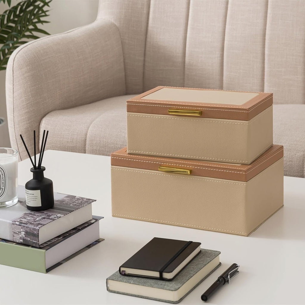 Two-Tone Faux Leather Boxes with Lids, Sand - Set of 2